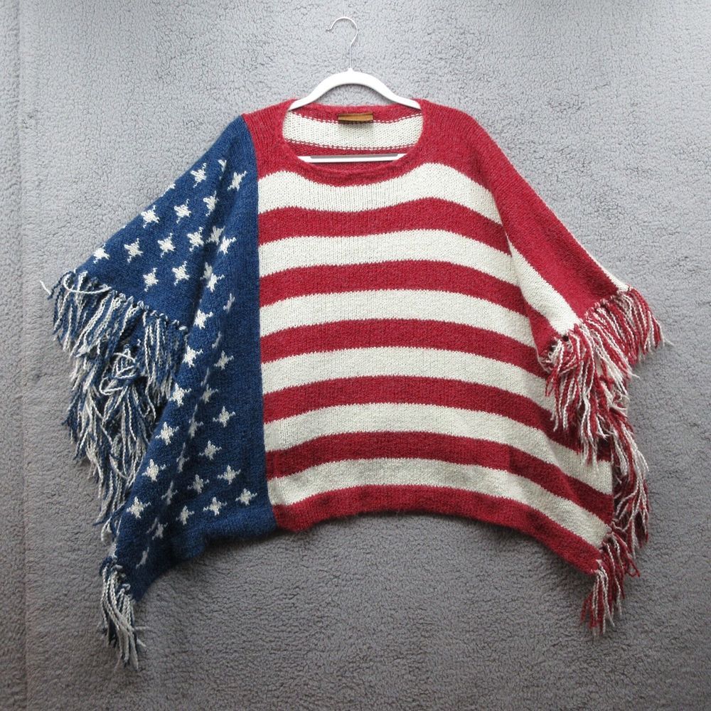 Aerika American Flag Poncho Sweater‎ Peruvian Trading Co USA Patriotic Fringe